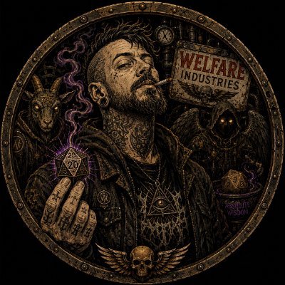 Chris's avatar: a steampunk circular portrait in a brass ring, sepia and purple, with a D20, a goat, a hooded figure and a WELFARE INDUSTRIES sign